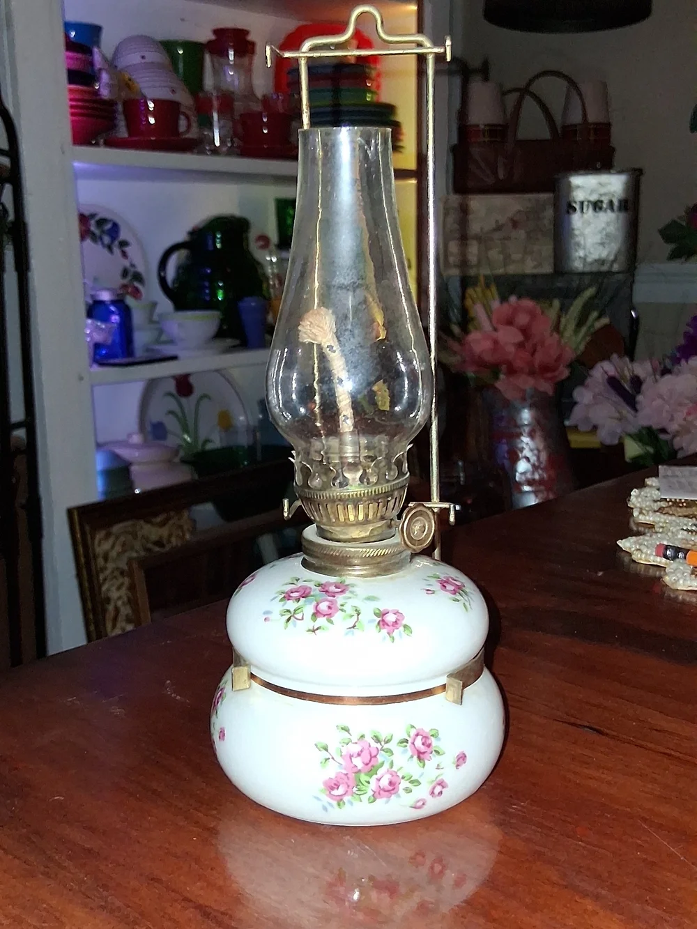 Vintage Enesco White Floral Glass Oil Lamp with Pink Rose Motif
